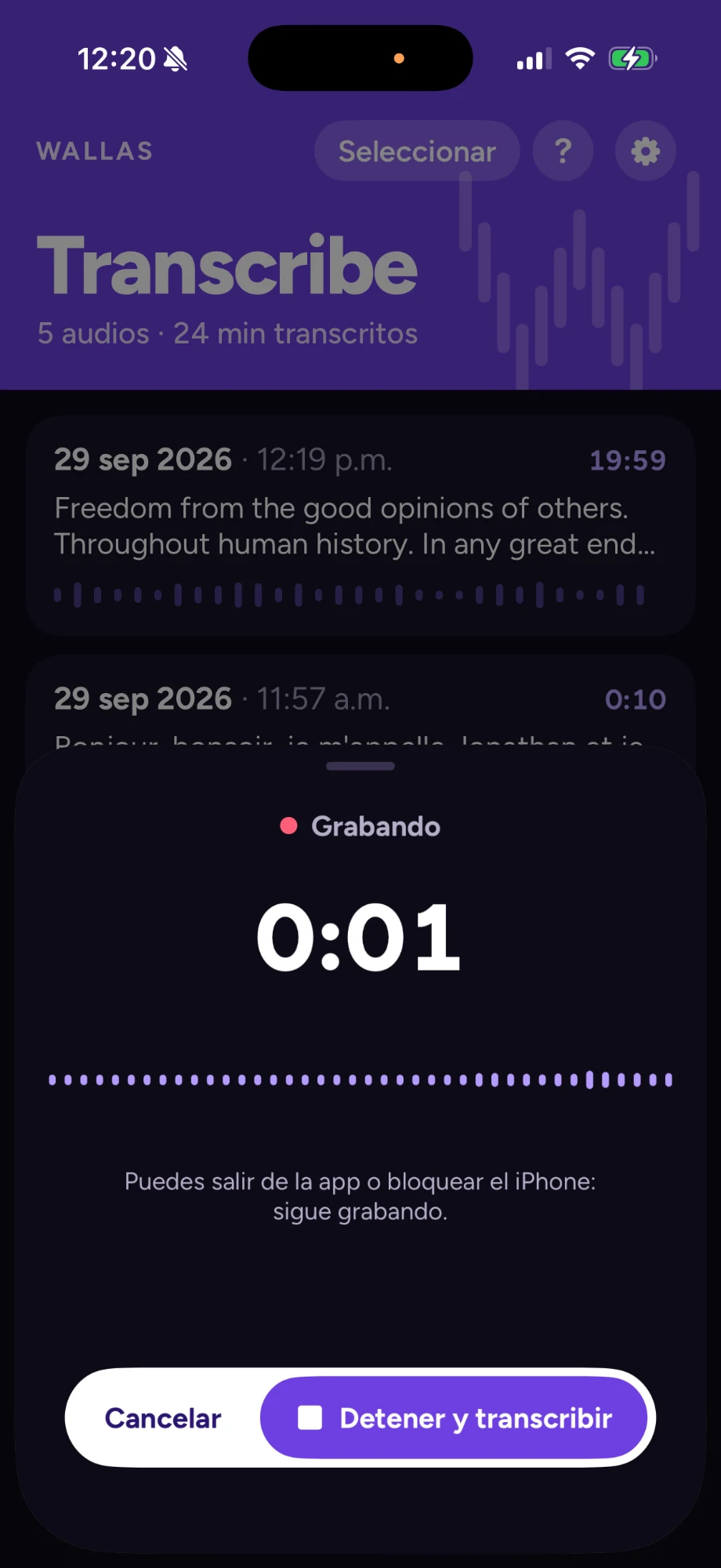 Grabación en curso con el tiempo y el aviso: puedes salir de la app o bloquear el iPhone y sigue grabando